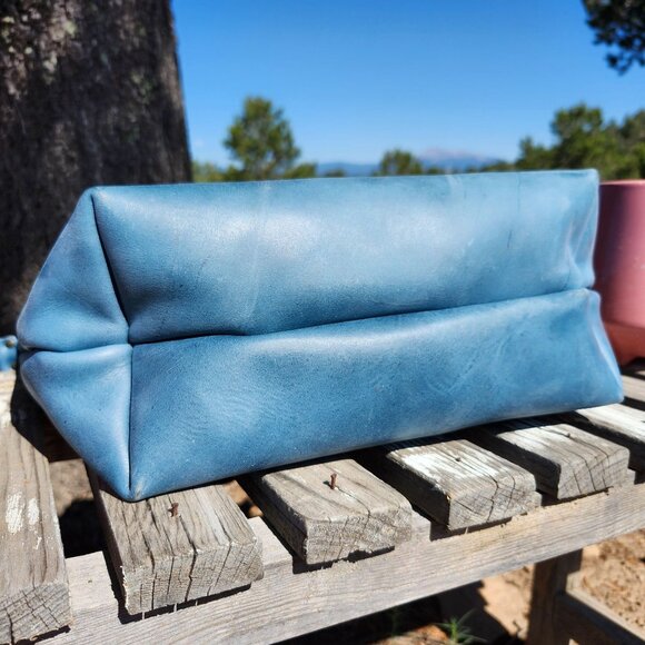 Portland Leather Limited Edition Leather Tote Bag Medium Zipper Aqua Brown Strap - Picture 9 of 12